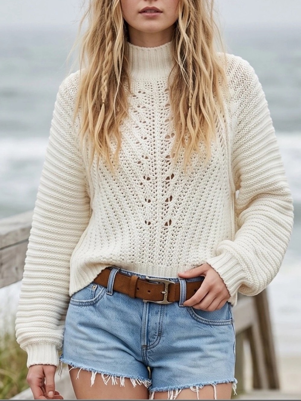 NWT Free People Oversized Cream Knit Pullover Mock Neck sweater Cable & Ribbed